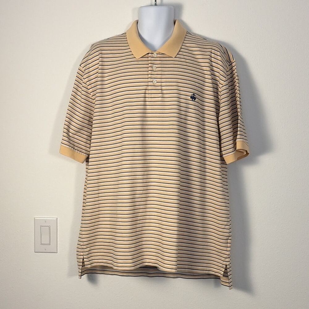 Brooks Brothers XXL Yellow Blue Striped Short Sleeve Polo Shirt 100% Cotton Logo
